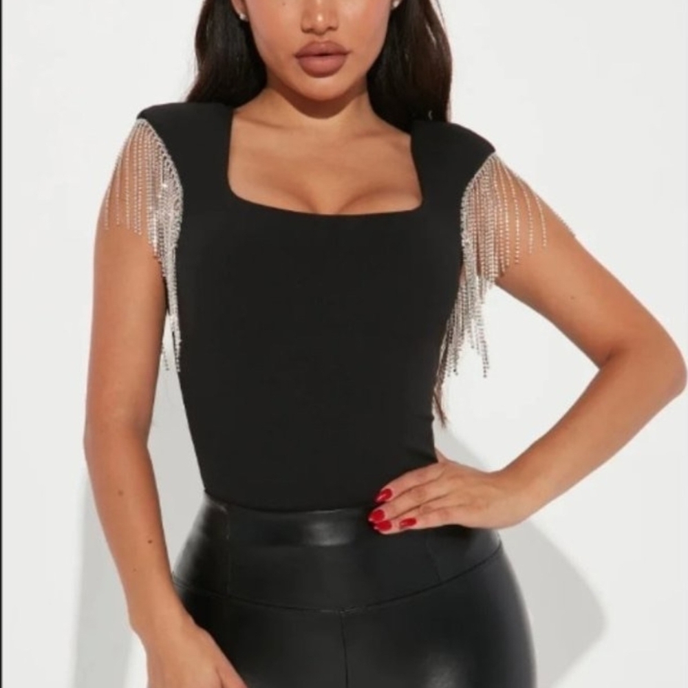Fashion Nova Black Fitted Embellished Bodysuit